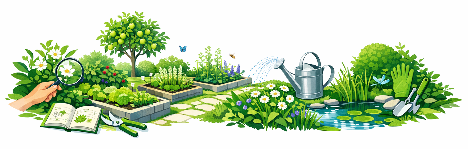 Illustration panoramique utilisée comme univers graphique de navigation du site Jardin Mag